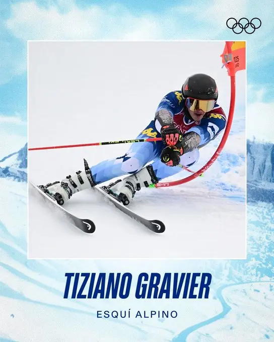 Tiziano Gravier en descenso de esquí alpino con su nombre y la disciplina “Esquí alpino”