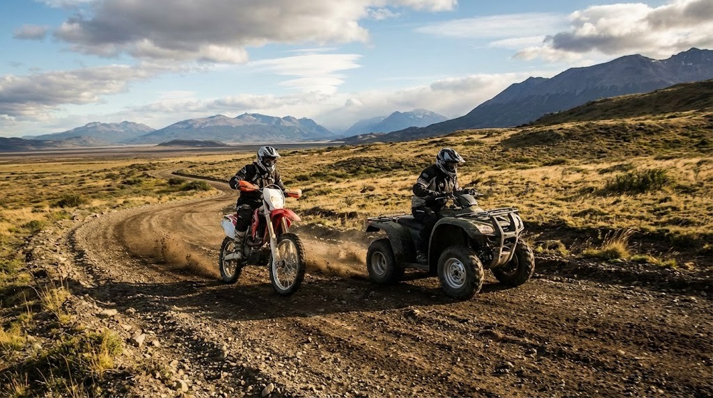 Dos competidores, uno en moto y otro en cuatriciclo, avanzan por un camino de ripio con polvo y montañas al fondo.