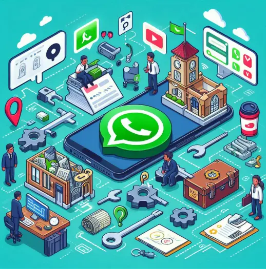 Ilustración isométrica de un teléfono con el logo de WhatsApp y elementos de automatización, soporte y herramientas de negocio alrededor.