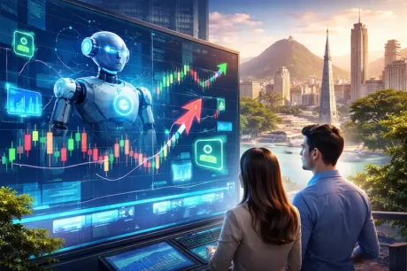 Dos personas observan una pantalla con un robot y gráficos de trading, con una ciudad latinoamericana al fondo.