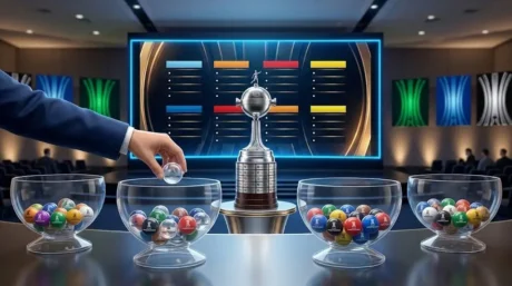 Sorteo de la Copa Libertadores 2026 con bolilleros, trofeo y pantalla de bombos en la ceremonia