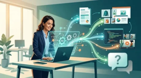 Mujer trabajando en una laptop con una interfaz de IA que conecta documentos, imágenes, código, video y chat en una oficina