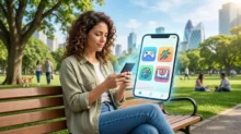 Mujer sentada en un banco del parque usando el celular con iconos de apps de juego, deporte, viajes y aprendizaje