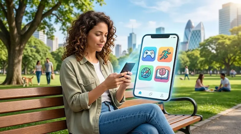 Mujer sentada en un banco del parque usando el celular con iconos de apps de juego, deporte, viajes y aprendizaje