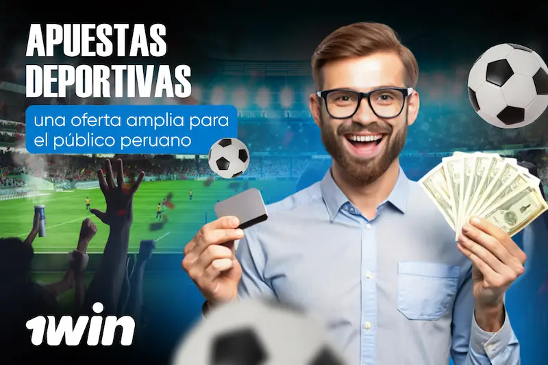 Pieza gráfica sobre apuestas deportivas con un hombre sonriente, una tarjeta, billetes y fondo de estadio de fútbol