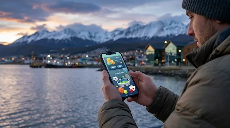 Hombre usando un celular con una app de apuestas online frente al agua y montañas nevadas al atardecer