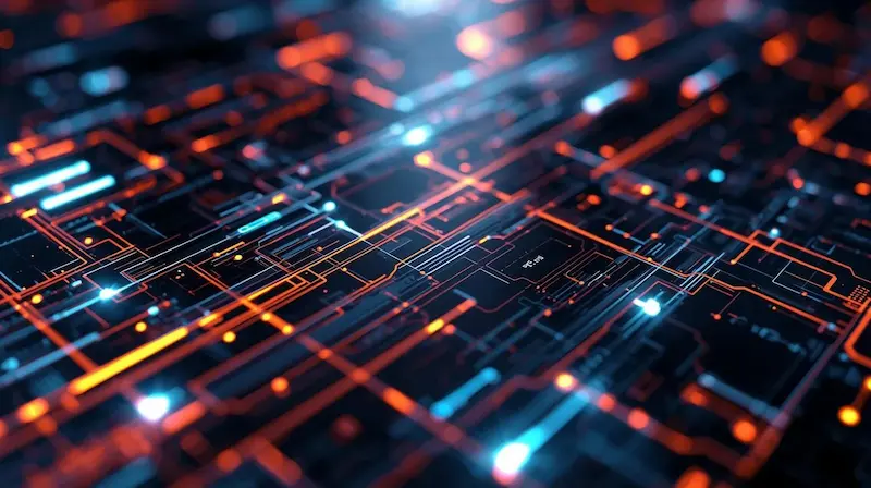 Ilustración abstracta de circuitos digitales con líneas azules y naranjas