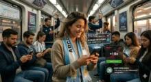 Mujer con bufanda de Argentina usando el celular en un vagón de subte, rodeada de pasajeros y pantallas con pagos por CVU, retiro instantáneo y autocontrol