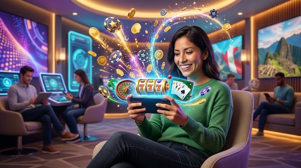 Ilustración de una mujer usando un celular con tragamonedas, cartas y monedas flotando, en un entorno de casino moderno.