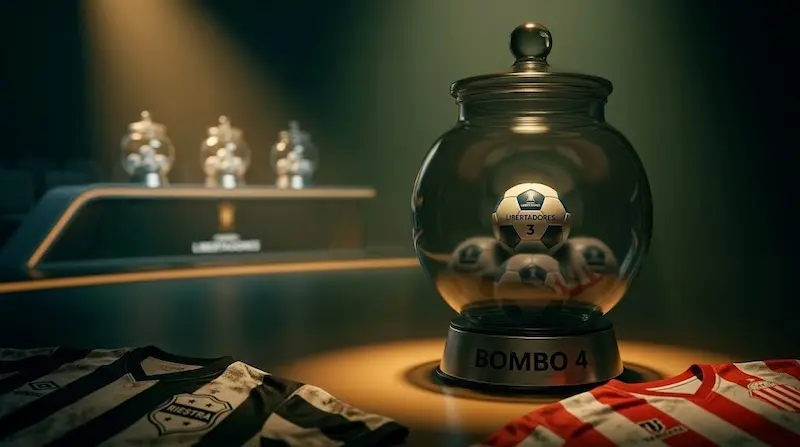 Ilustración del bombo 4 del sorteo con pelotas y camisetas de clubes argentinos en primer plano