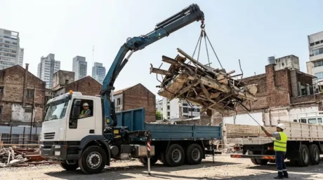 Camión con hidrogrúa levanta escombros y estructuras metálicas en una obra urbana