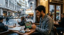 Hombre usando una tablet con un juego de casino online en un café del centro de Buenos Aires