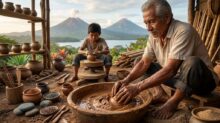 Artesano mayor y niño modelan cerámica en un taller rural con volcanes al fondo