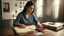 Mujer revisando documentos familiares y pasaporte italiano para tramitar la ciudadanía italiana