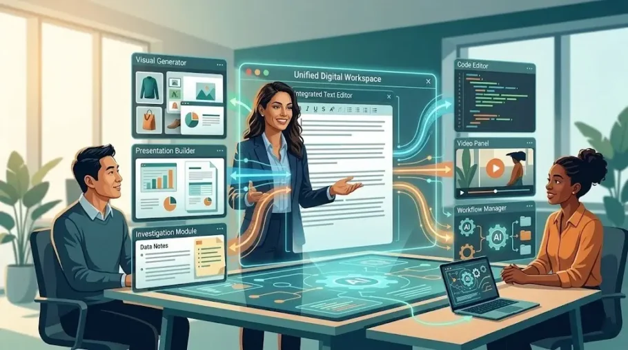 Equipo reunido alrededor de una mesa con una interfaz holográfica de trabajo digital que integra texto, investigación, presentaciones, video y código