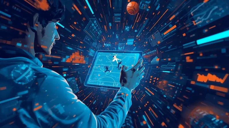Ilustración de una persona usando una tablet con gráficos deportivos y datos digitales en pantalla
