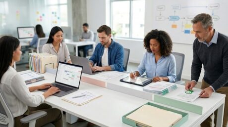 Equipo de trabajo en una oficina revisando un calendario editorial en laptops y tablet durante una reunión.