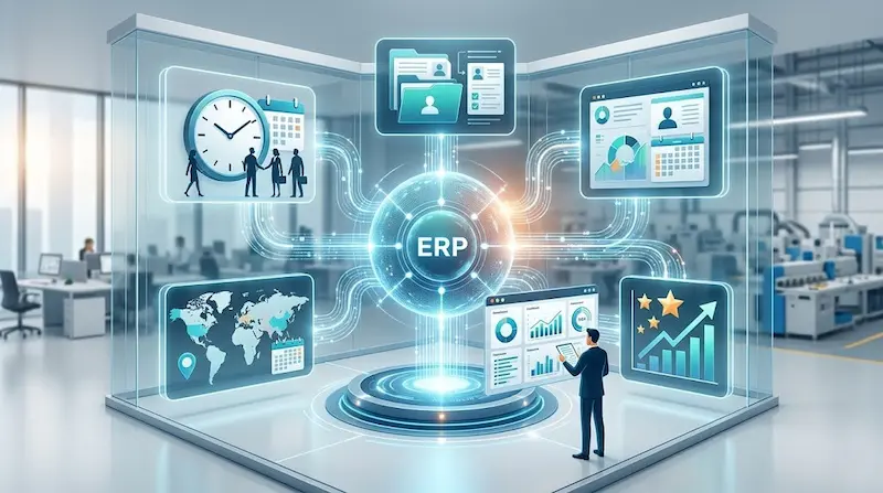 Sistema ERP central conectado a paneles de asistencia, legajos, reportes y métricas en un entorno de oficina industrial