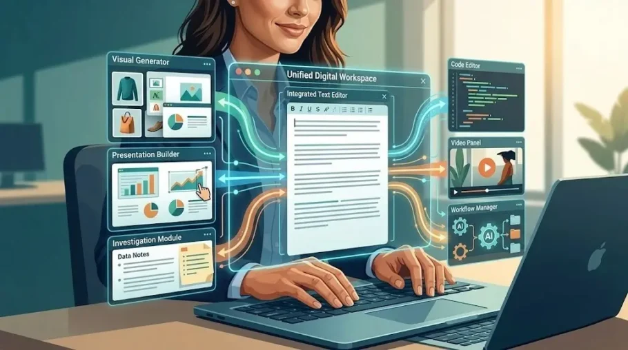 Pantalla de espacio de trabajo digital unificado con módulos de editor de texto, generador visual, presentaciones, investigación, código y video