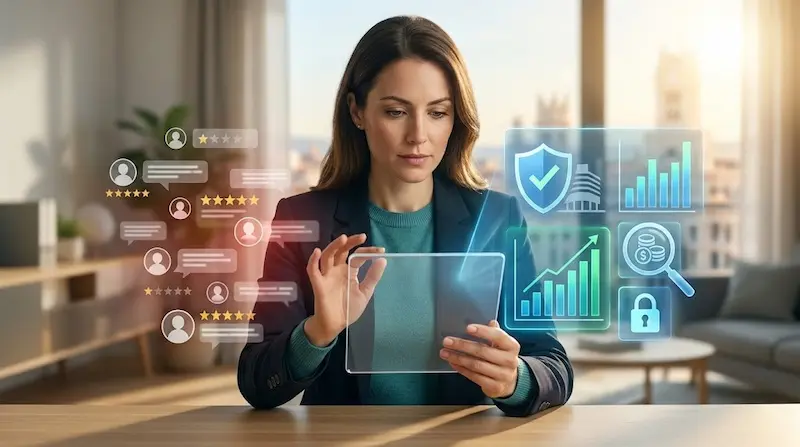 Mujer analiza reseñas y gráficos de una plataforma de inversión en una tablet, con íconos de seguridad y crecimiento.