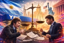 Ilustración sobre el fallo YPF con dos dirigentes enfrentados, una balanza judicial, la bandera argentina y símbolos de Estados Unidos
