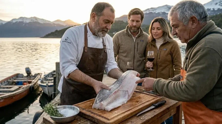 Pescador corta un filete grande de pescado sobre una tabla en un muelle, con personas mirando y un vaso de vino, agua y montañas al fondo.