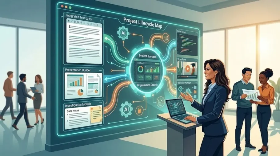 Mujer presentando un mapa de ciclo de proyecto con paneles de texto, presentaciones, investigación, código y video conectados por un sistema de IA