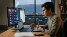 Hombre revisando en una computadora listados y criterios de plataformas de juego online en Chile