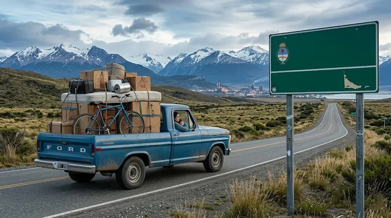 Camioneta cargada con cajas en una ruta de Tierra del Fuego junto a un cartel provincial y montañas nevadas