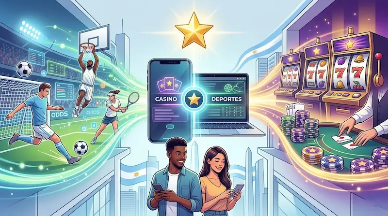 Ilustración de Lucky Star con deportes, casino online, celular, laptop y tragamonedas