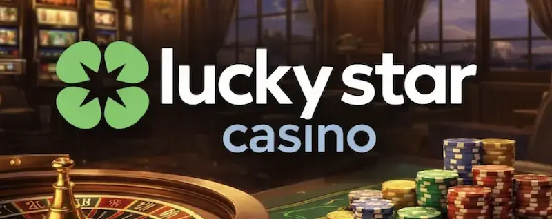 Logo de Lucky Star Casino sobre una mesa de juego con fichas apiladas