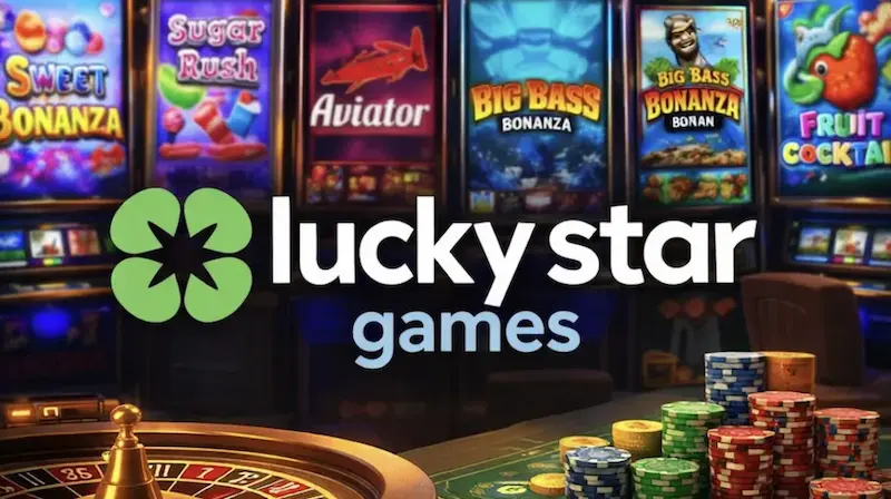 Logo de Lucky Star Games sobre fondo de tragamonedas y fichas de casino