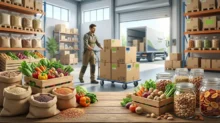 Trabajador en un almacén con cajas, verduras, legumbres y frutos secos para distribución de alimentos orgánicos