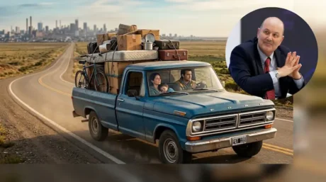 Camioneta cargada con cajas en una ruta hacia la ciudad con retrato de Federico Sturzenegger superpuesto