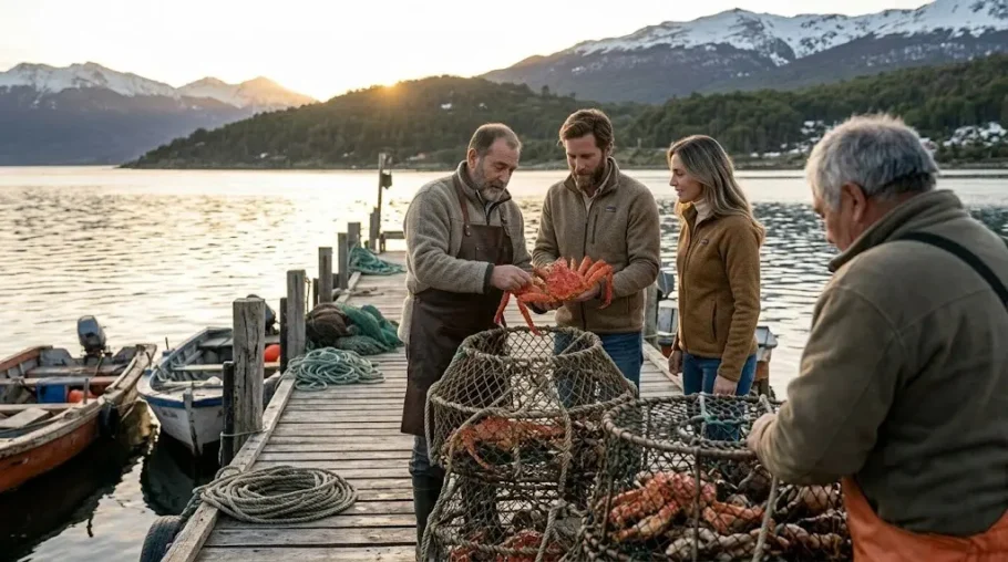 Personas en un muelle observan una centolla junto a trampas de pesca, con agua calma y montañas al fondo.