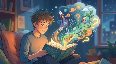Ilustración de un niño leyendo un libro del que salen planetas, ADN, microscopios y otros símbolos de ciencia