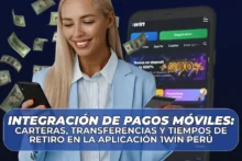 Mujer usando el celular frente a una pantalla de la app 1Win con billetes alrededor