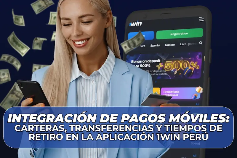 Mujer usando el celular frente a una pantalla de la app 1Win con billetes alrededor