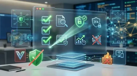 Panel digital con checklist de verificación, escudos de seguridad y icono 2FA en una oficina tecnológica.