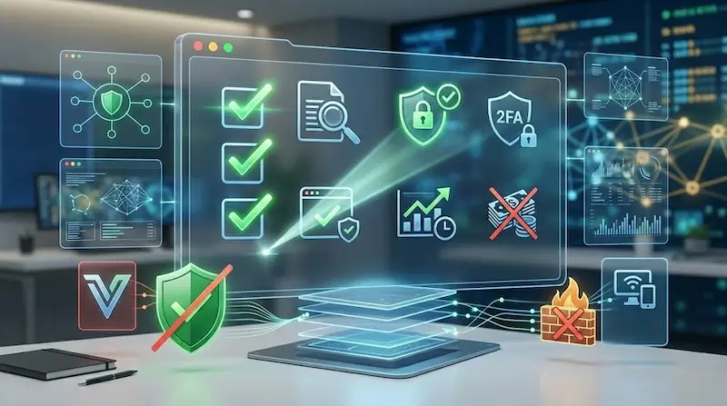 Panel digital con checklist de verificación, escudos de seguridad y icono 2FA en una oficina tecnológica.