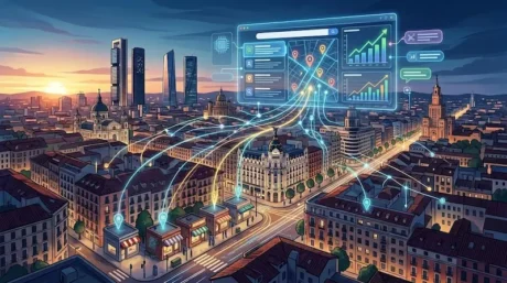 Vista urbana de Madrid con mapa digital, métricas y puntos de ubicación sobre edificios y calles