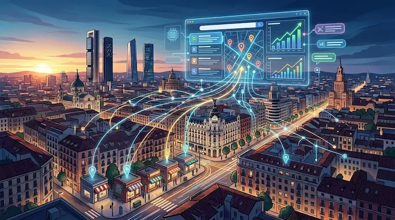 Vista urbana de Madrid con mapa digital, métricas y puntos de ubicación sobre edificios y calles
