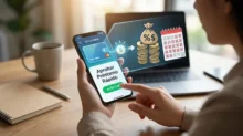 Persona por aceptar un préstamo rápido en el celular frente a una laptop con íconos de dinero, porcentaje y calendario