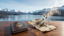 Libro cerrado y documento desintegrándose sobre una mesa, con lago y montañas nevadas al fondo