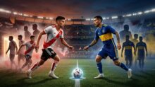 Jugador de River y jugador de Boca frente a frente con el balón en el centro del campo, con estadio lleno y bengalas de fondo.
