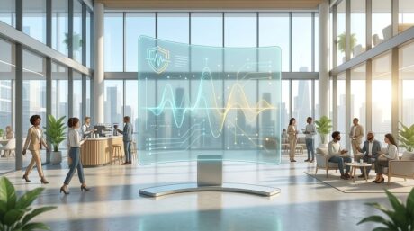 Pantalla holográfica con gráficos de seguridad en el lobby de una oficina corporativa