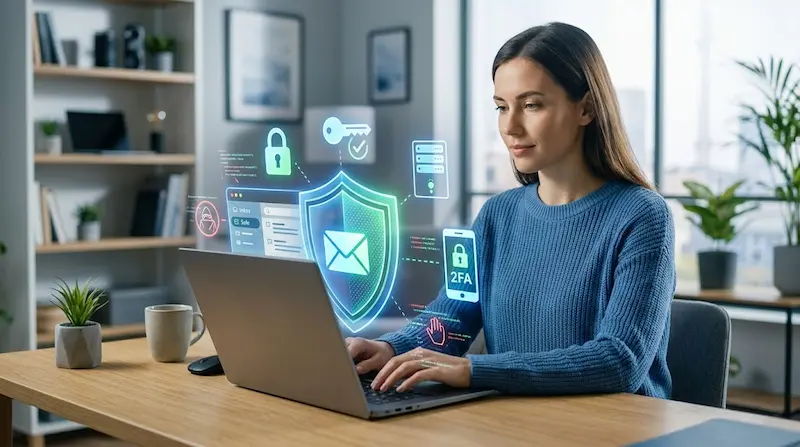 Mujer usando una laptop con iconos de seguridad digital, correo electrónico y 2FA en pantalla.