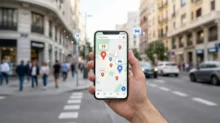 Mano sosteniendo un celular con Google Maps y marcadores de negocios en una calle urbana.