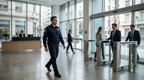 Guardia de seguridad caminando en la recepción de una oficina mientras supervisa el acceso de visitantes