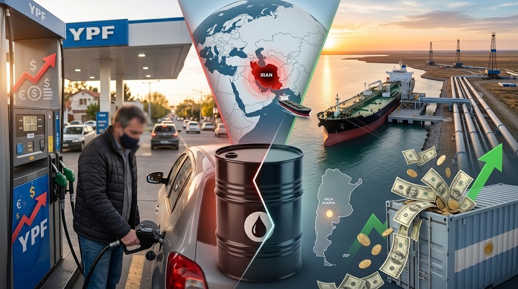 Ilustración sobre la suba del petróleo: estación de YPF, mapa de Irán, buque petrolero, Vaca Muerta y dólares